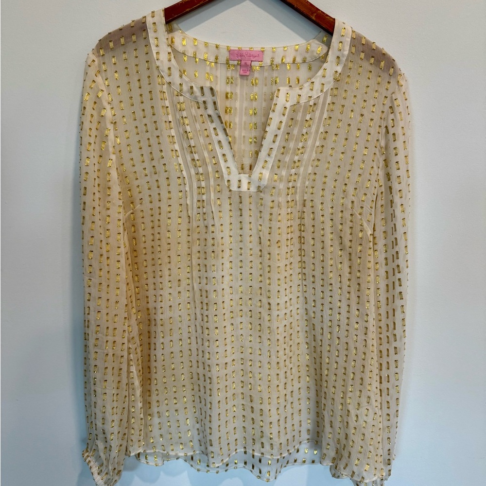 Lilly Pulitzer Cream Blouse with Long Sleeves and Sheer Open-Knit Fabric